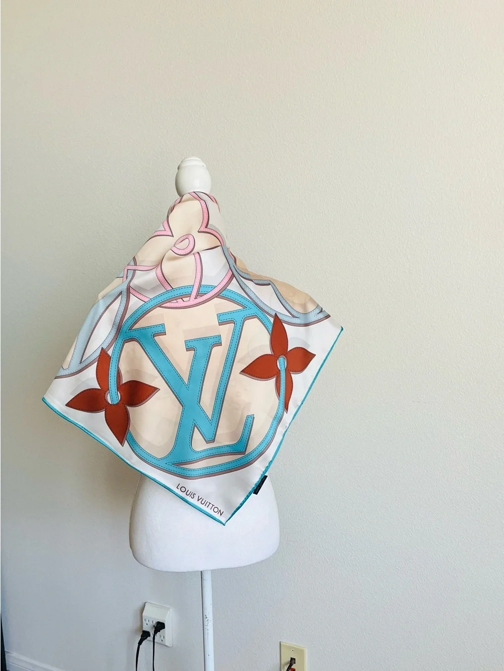 100 % silk Cream, Light Blue & Pink Monogram Scarf with Rust Accents 34/34 inche